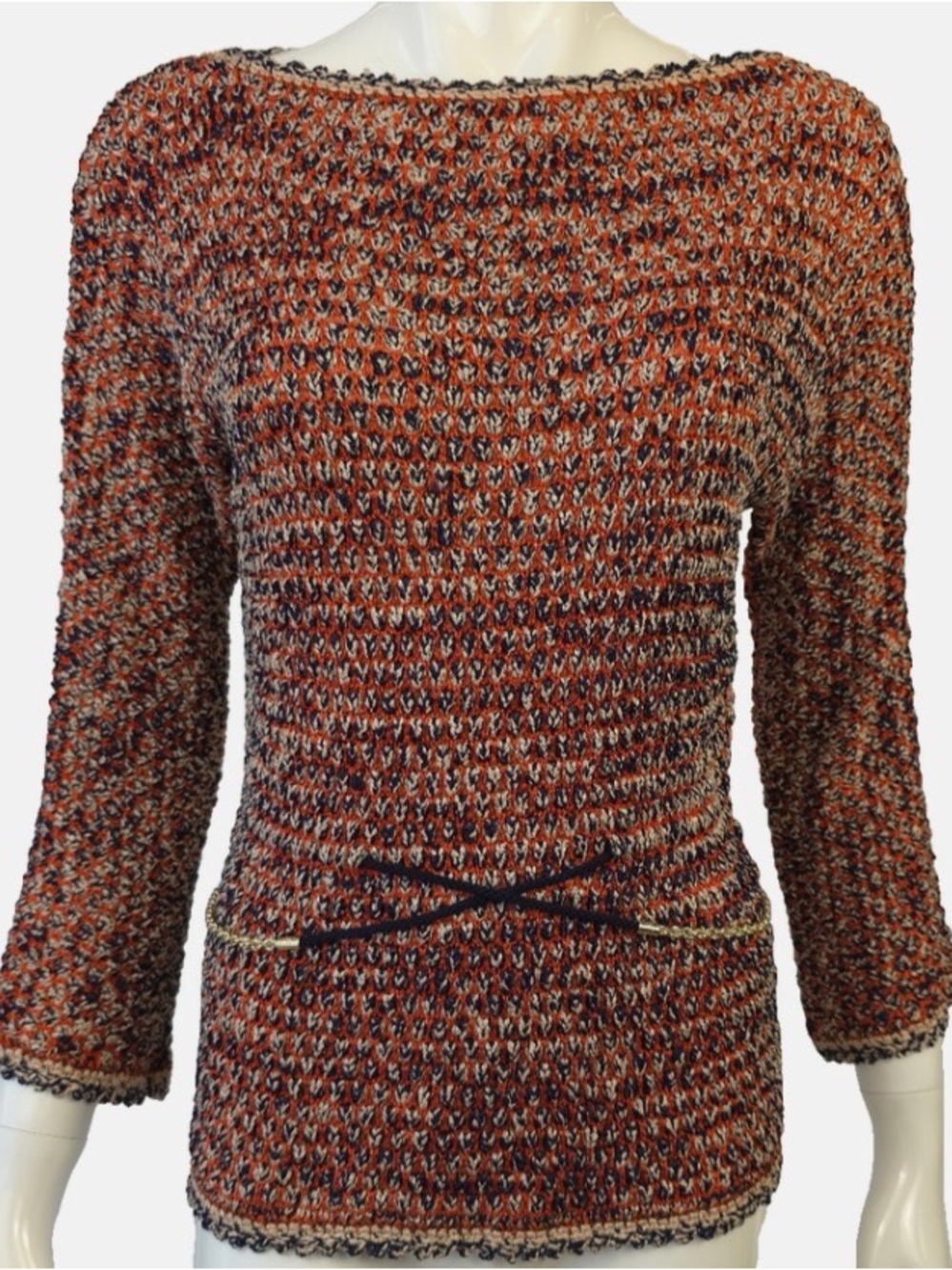 CHANEL Multicolor Off-the-Shoulder Knit Sweater in Rust, Black & Cream
